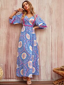 Floral Print Pompom Trim Tie Back Dress - Blue - View 1