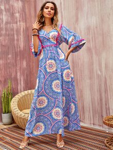 Floral Print Pompom Trim Tie Back Dress - Blue - View 3