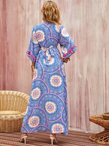 Floral Print Pompom Trim Tie Back Dress - Blue - View 2