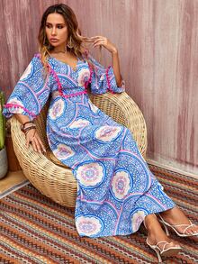 Floral Print Pompom Trim Tie Back Dress - Blue - View 4