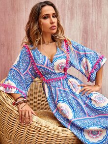 Floral Print Pompom Trim Tie Back Dress - Blue - View 5