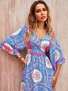 Floral Print Pompom Trim Tie Back Dress - Blue - View 6