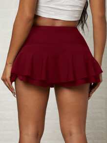 SHEIN EZwear 高腰荷葉邊裙裤 - 酒紅色 - 查看 2