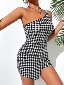 SHEIN Privé 千鳥格印花單肩圍裹連體短褲 - 黑與白 - 查看 5