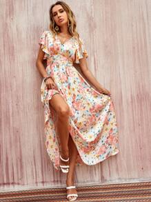 Fold Pleated Waist Allover Floral Print Ruffle Trim Dress - Multicolor - View 1