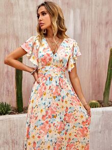 Fold Pleated Waist Allover Floral Print Ruffle Trim Dress - Multicolor - View 3
