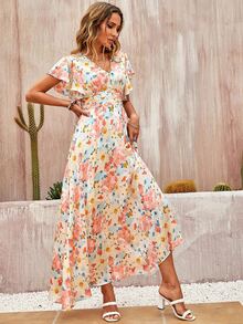 Fold Pleated Waist Allover Floral Print Ruffle Trim Dress - Multicolor - View 4