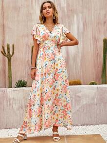 Fold Pleated Waist Allover Floral Print Ruffle Trim Dress - Multicolor - View 5