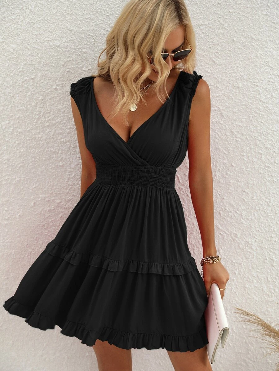 SHEIN LUNE Shirred Ruffle Hem A-line Dress - Black - View 1