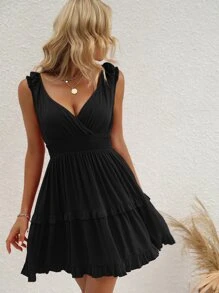 SHEIN LUNE Shirred Ruffle Hem A-line Dress - Black - View 4