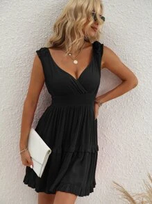 SHEIN LUNE Shirred Ruffle Hem A-line Dress - Black - View 5