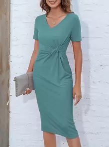 SHEIN LUNE V領前扭結洋裝 - 青碧色 - 查看 1