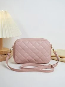 Fashionable New Quilted Diamond Pattern Crossbody Shoulder Bag, Mini Small Handbag For Women - Pink - View 3