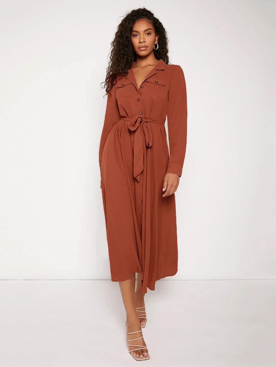 Mulvari Solid Button Front Belted Shirt Dress - Burnt Orange - View 1