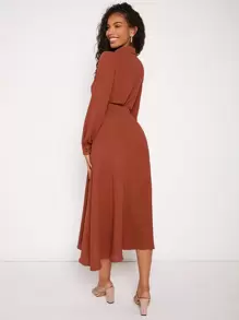 Mulvari Solid Button Front Belted Shirt Dress - Burnt Orange - View 2