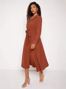 Mulvari Solid Button Front Belted Shirt Dress - Burnt Orange - View 4