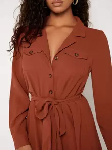 Mulvari Solid Button Front Belted Shirt Dress - Burnt Orange - View 5