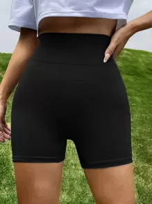 Easithlete 字母圖案寬鬆腰帶運動短褲,彈性緊身短褲 - 黑色 - 查看 4