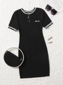 Muchica Letter Embroidery Rib-knit Bodycon Dress - Black - View 2