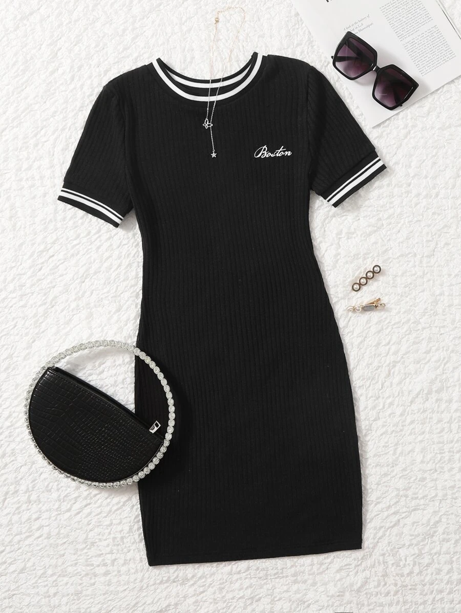 Muchica Letter Embroidery Rib-knit Bodycon Dress