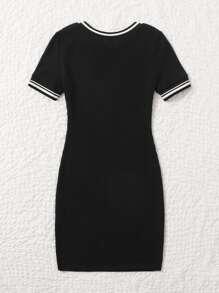 Muchica Letter Embroidery Rib-knit Bodycon Dress - Black - View 3