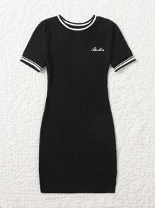 Muchica Letter Embroidery Rib-knit Bodycon Dress - Black - View 4