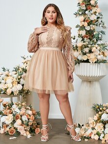 Simplee Plus Contrast Lace Ruffle Trim Mesh Overlay Dress - Champagne - View 5