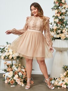 Simplee Plus Contrast Lace Ruffle Trim Mesh Overlay Dress - Champagne - View 6
