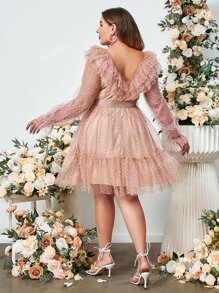 Simplee Plus Dobby Mesh Flounce Sleeve Ruffle Trim Belted Dress