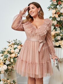 Simplee Plus Dobby Mesh Flounce Sleeve Ruffle Trim Belted Dress