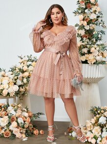 Simplee Plus Dobby Mesh Flounce Sleeve Ruffle Trim Belted Dress