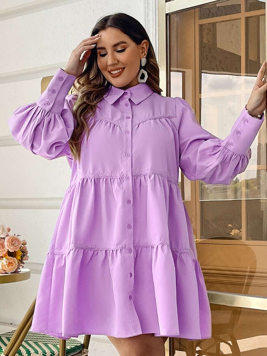 Simplee Plus Lantern Sleeve Tiered Hem Shirt Dress - Lilac Purple - View 1