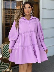 Simplee Plus Lantern Sleeve Tiered Hem Shirt Dress - Lilac Purple - View 3