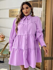 Simplee Plus Lantern Sleeve Tiered Hem Shirt Dress - Lilac Purple - View 7