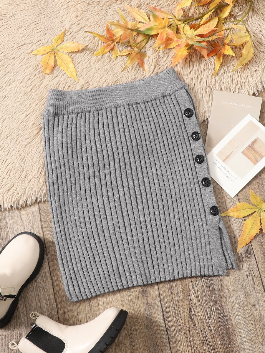 Girls Button Side Split Hem Knit Skirt - Grey - View 1