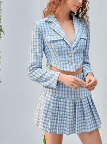 SHEIN MOD Double Button Front Tweed Blazer & Pleated Skirt - Blue and White - View 2