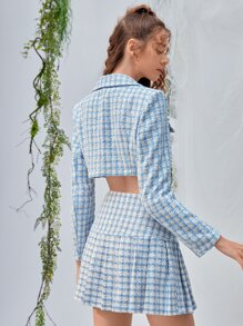 SHEIN MOD Double Button Front Tweed Blazer & Pleated Skirt - Blue and White - View 7
