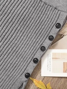 Girls Button Side Split Hem Knit Skirt - Grey - View 4