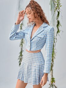 SHEIN MOD Double Button Front Tweed Blazer & Pleated Skirt - Blue and White - View 3