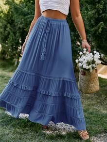 Simplee Váy Plus Size Thắt nút Viên lá sen phân lớp màu trơn Boho - Màu xanh lam - Xem 5