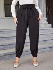 Modelyn Quần Plus Size Thắt lưng Quần paper-bag màu trơn Thanh lịch - màu đen - Xem 1