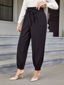 Modelyn Quần Plus Size Thắt lưng Quần paper-bag màu trơn Thanh lịch - màu đen - Xem 3