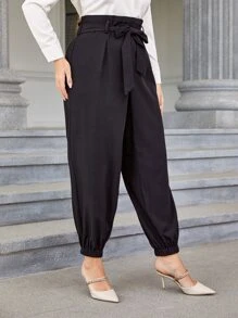 Modelyn Quần Plus Size Thắt lưng Quần paper-bag màu trơn Thanh lịch - màu đen - Xem 4