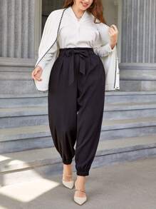 Modelyn Quần Plus Size Thắt lưng Quần paper-bag màu trơn Thanh lịch - màu đen - Xem 5