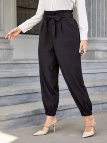 Modelyn Quần Plus Size Thắt lưng Quần paper-bag màu trơn Thanh lịch - màu đen - Xem 6