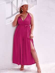Simplee Jumpsuits Plus Size Thắt lưng Chia Trọn gói Dây kéo màu trơn Boho - Màu Hồng Tươi - Xem 3
