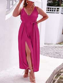 Simplee Jumpsuits Plus Size Thắt lưng Chia Trọn gói Dây kéo màu trơn Boho - Màu Hồng Tươi - Xem 4