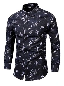 Men Bird & Plant Print Shirt - Navy Blue - View 1