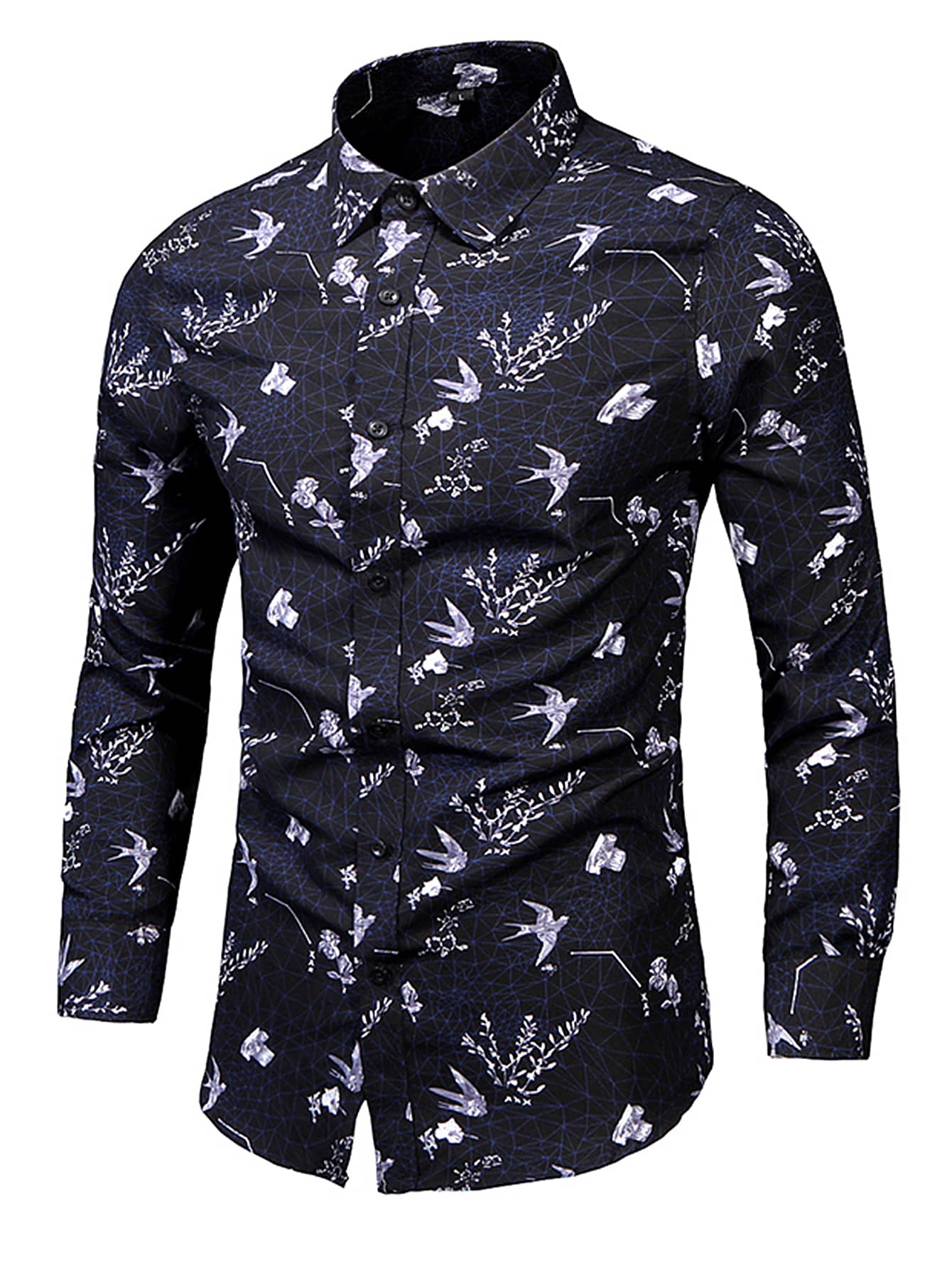 Men Bird & Plant Print Shirt - Navy Blue - View 1