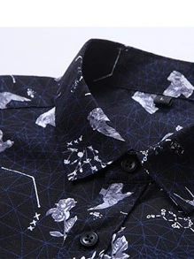 Men Bird & Plant Print Shirt - Navy Blue - View 3